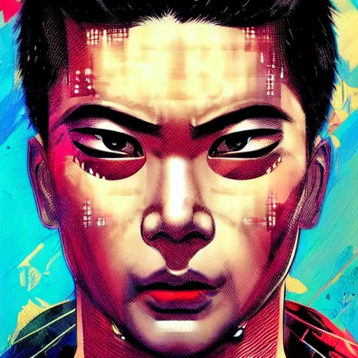 Image similar to portrait of a asian male android, by MARVEL comics and Sandra Chevrier