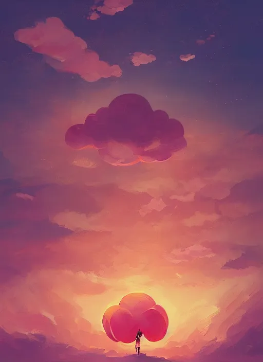 Prompt: Clouds in the shape of a peach, giant insects, digital painting by Alena Aenami, Alena Aenami, Alena Aenami, Alena Aenami, serene, artstation, concept art, 8k