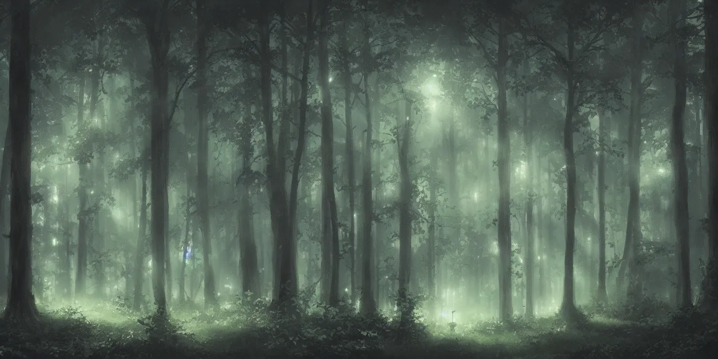 Image similar to a forest at night, cinematic angle, studio Ghibli, cinematic lighting, digital art, detailed oil painting, hyperrealistic, 8k