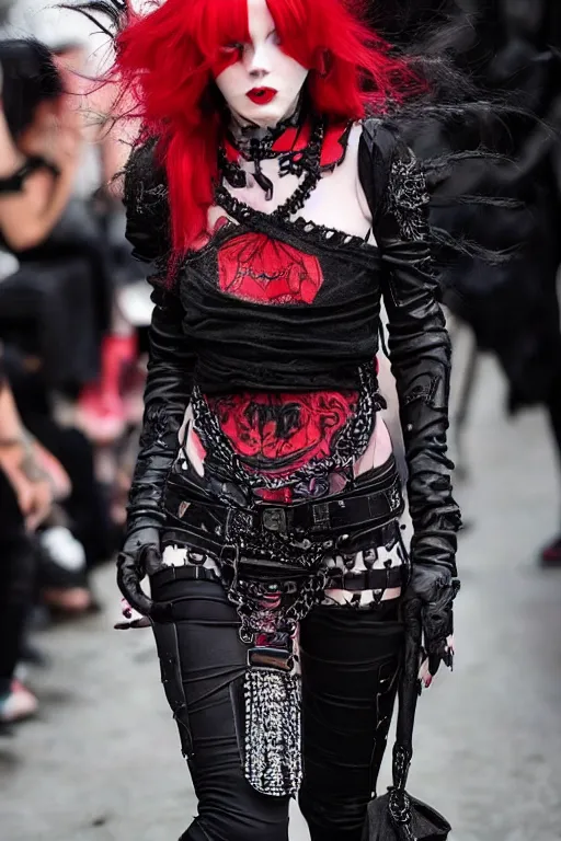 Prompt: beautiful black-and-red haired goth girl, hyper-maximalist, highly-detailed and intricate, Rick Owens, pastel goth, trending on r/streetwear, outfit photo, we see them from head to toe