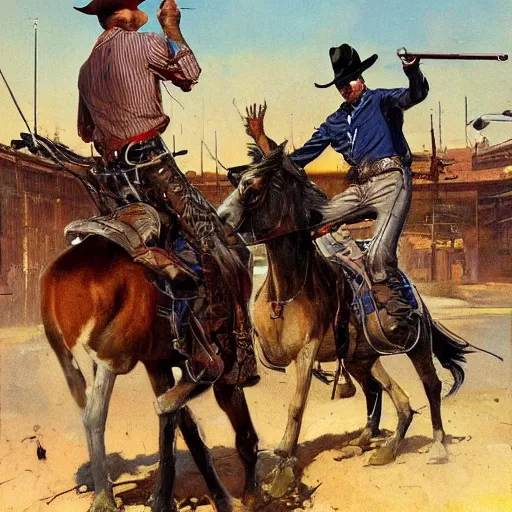 Image similar to cowboys shoot it out with a very tall cyborg in a western town, 1890s, dynamic, by tom lovell and frank schoonover and dean cornwell and phil hale