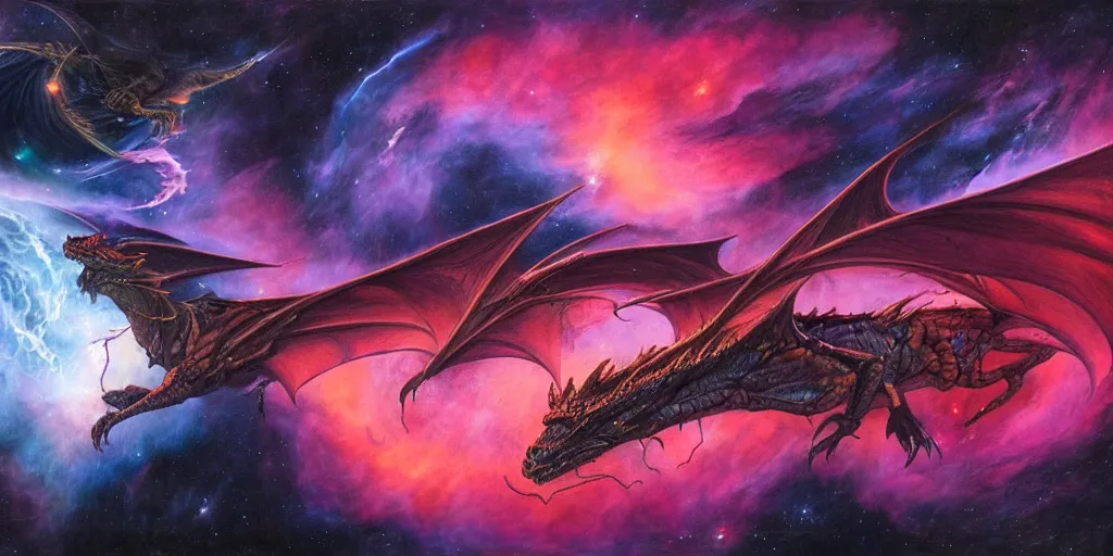 Image similar to a bioluminescent dragon flying in outer space, red and purple nebula, Dan Seagrave art