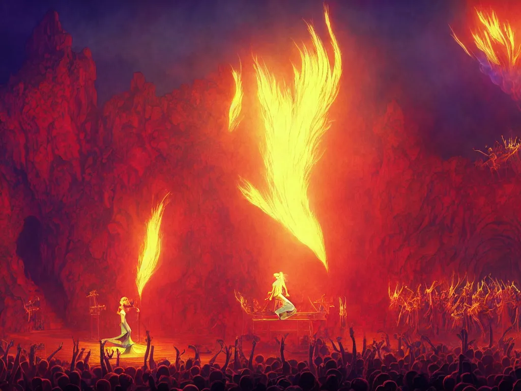 Prompt: live concert promotional photograph of a female rock singer in concert in hell, brightly lit stage centered and on fire, high contrast, stage lighting, pyrotechnics, ghibli animated film, volumetric lighting, octane render by stanley artgerm lau, greg rutkowski, thomas kindkade, alphonse mucha, loish, norman rockwel,