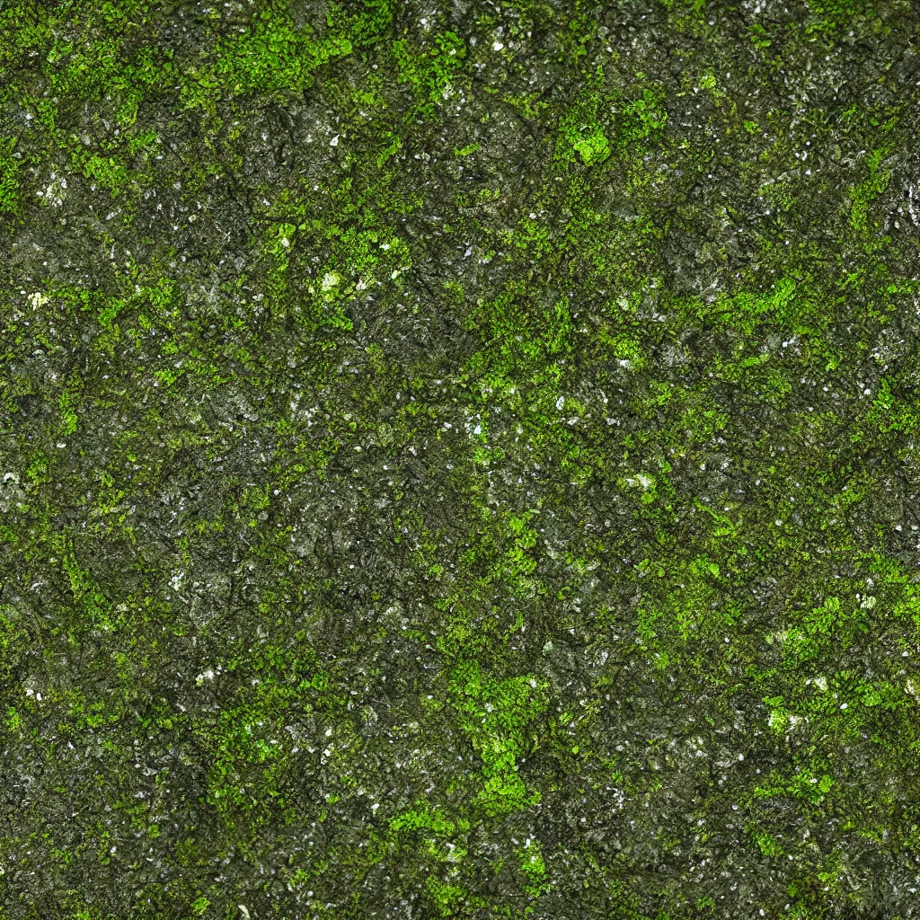 Prompt: 4K close up mossy stone texture. High quality PBR material.