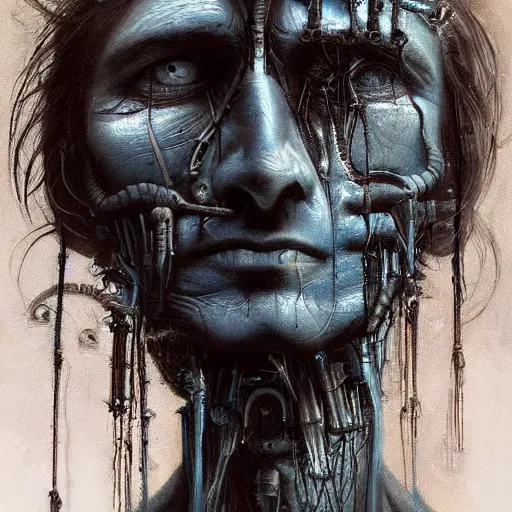 Image similar to surreal portrait of a man by Greg Rutkowski and H.R Giger, he is about 30 years old, messy long black hair, tired appearance, roman nose, peaceful but sad and resigned expression, martyred as a biomechanical transhuman cyborg god, eyes glow electric blue, cosmic void background, frightening, fascinating, highly detailed portrait, digital painting, book cover, artstation, concept art, smooth, sharp foccus ilustration, Artstation HQ.