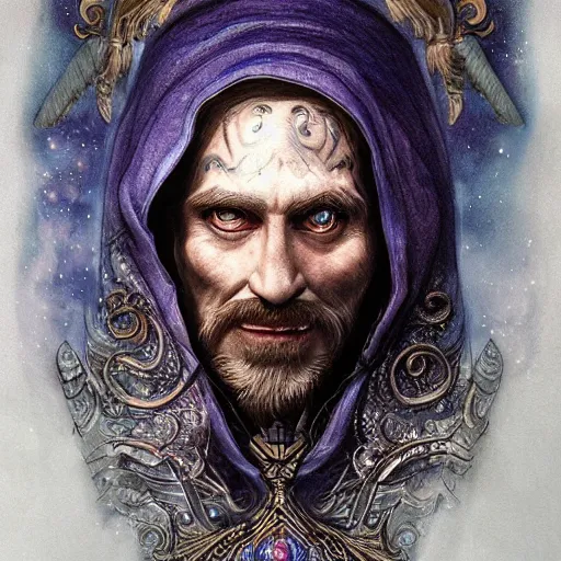Image similar to an Artstation 3d render of Very very very very highly detailed beautiful mystic portrait of a phantom sorcerer with galaxy, tattoos by Anton Pieck, intricate, extremely detailed, digital painting, artstation, concept art, smooth, sharp focus, illustration, intimidating lighting, incredible art,