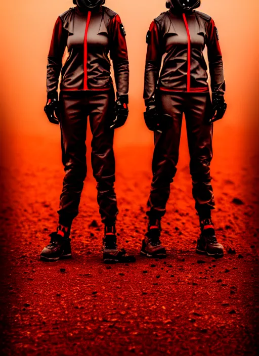 Image similar to photographic portrait shot on cinestill 5 0 d of two loving clones, techwear women on a desolate plain with a red sky, a brutalist dark metal facility in the background, dust storm, 3 5 mm, 8 k, depth of field, high resolution, ultra realistic faces