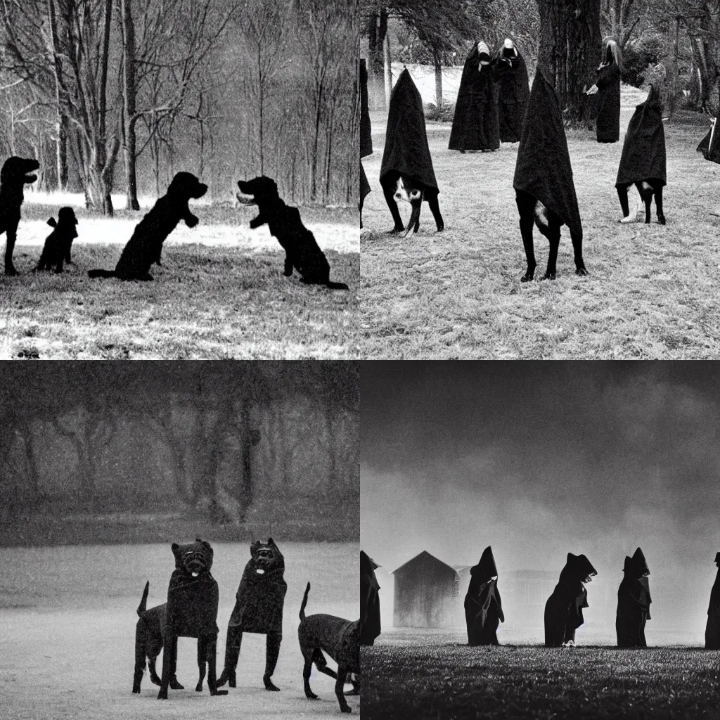 Prompt: a creepy, eerie, unsettling, black and white grainy photo of bipedal dogs in cloaks performing a dark ritual
