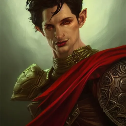 Image similar to an epic fantasy comic book style portrait painting of a male teifling rouge in dark tunic, with medium long dark hair, d & d, fantasy, intricate, elegant, highly detailed, digital painting, artstation, concept art, matte, sharp focus, illustration, art by artgerm and greg rutkowski and alphonse mucha