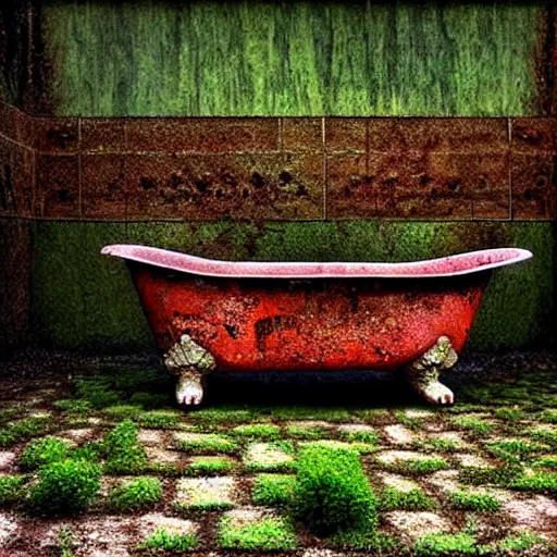 Image similar to hyperrealism photography computer simulation visualisation of parallel universe detailed old rusty bath in the detailed ukrainian village garden in dramatic scene from art house futuristic movie by caravaggio and alejandro jodorowsky