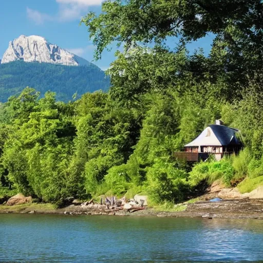 Prompt: A cottage on a river bank Surrounded by trees and mountains in the background and beach chairs and trees in the foreground and