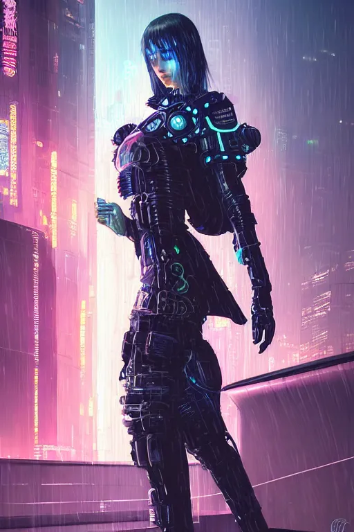 Prompt: portrait futuristic stunning cyberpunk young knights of Zodiac girl, in futuristic heavily raindrop tokyo rooftop cyberpunk night, ssci-fi, fantasy, intricate, very very beautiful, elegant, neon light, highly detailed, digital painting, concept art, human anatomy, soft light, hdri, smooth, sharp focus, illustration, art by tian zi and craig mullins and WLOP and alphonse mucha