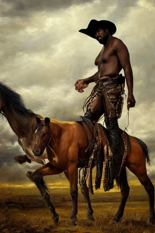 Prompt: a beautiful dramatic epic painting of a handsome thicc black man | he is shirtless and wearing a cowboy hat and leather harness | prairie setting, horses in distance | homoerotic, highly detailed, dramatic lighting | by Mark Maggiori, by William Herbert Dunton, by Charles Marion Russell | trending on artstation