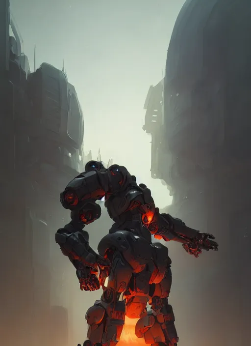 Image similar to a photorealistic dramatic hyperrealistic render of a mecha armored fire golem by wlop, greg rutkowski, alphonse mucha, beautiful dynamic dramatic dark moody lighting, shadows, cinematic atmosphere, artstation, concept design art, octane render, 8 k