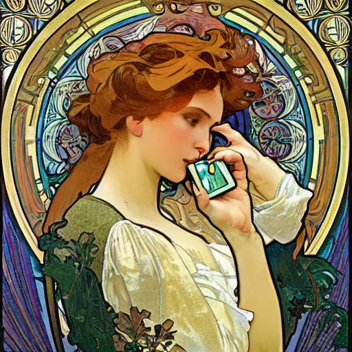 Image similar to a beautiful portrait of a woman hypnotially entranced by her iphone. highly detailed face. art by alphonse mucha and alphonse mucha and alfons mucha