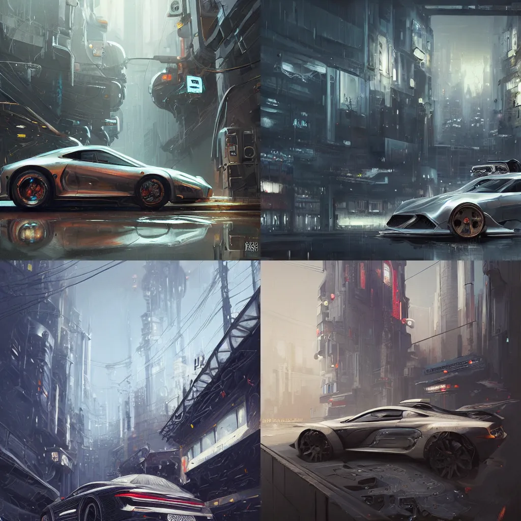 Prompt: full view of a car, intricate, elegant, highly detailed, digital painting, concept art, smooth, sharp focus, art style from Greg Rutkowski and Bruce Kaiser and Scott Robertson and Dmitry Mazurkevich and Doruk Erdem and Jon Sibal, small hint of cyberpunk style, mostly modern style