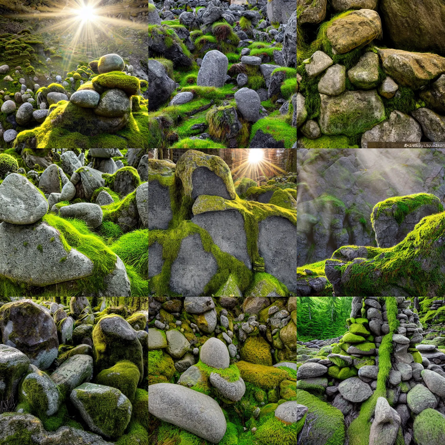 Prompt: nature photo of a stone formation made of trolls, gorgeous detail with shafts of sunlight, covered in moss, 8 k wide view