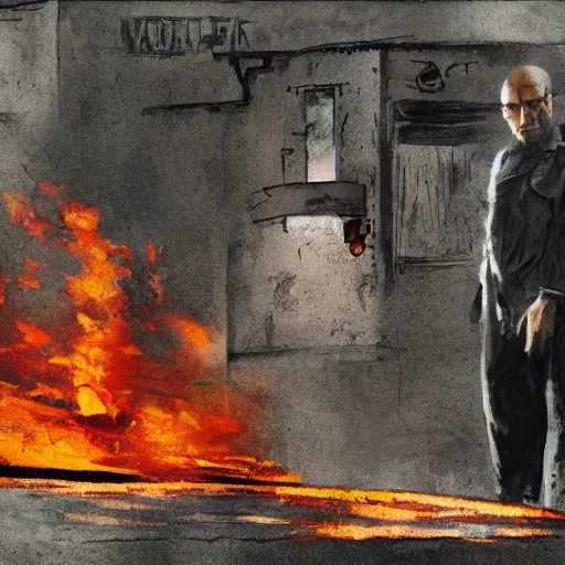 Image similar to a photo of walter white standing in front of a building on fire, highly detailed, 4 k