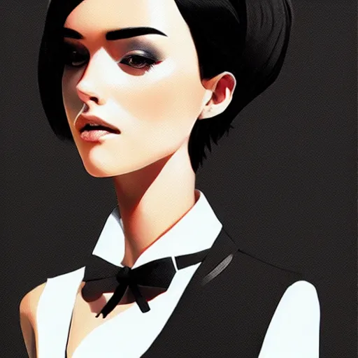 Image similar to slim girl in tuxedo with short black hair, elegant, 2d, ultra highly detailed, digital painting, smooth, sharp focus, artstation, art by Ilya Kuvshinov