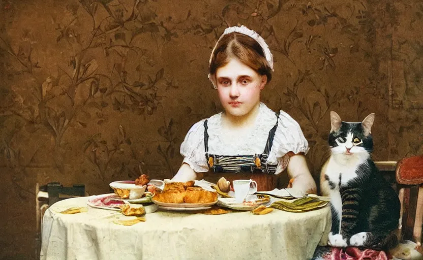 Image similar to a girl has breakfast with her cat at the table filled with food, flowery wallpaper, 1 8 8 0 s style, professional photography, color