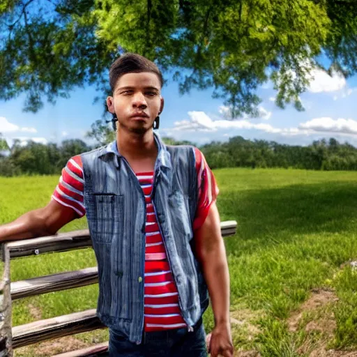 Image similar to Young man standing looking to the right in a red bandana, blue striped shirt, gray vest and a gun with a partly cloudy sky in the background. The young man is standing in front of an iron fence. Photograph. Real life