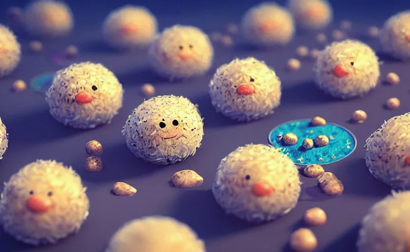 Image similar to magic : the gathering fantasy concept art of cute riceballs with excited faces bouncing down a mountain path, by marco bucci, high resolution, rice granules scattered all around, balls of rice, bouncing, fantasy coloring, intricate, digital painting, artstation, smooth, sharp focus