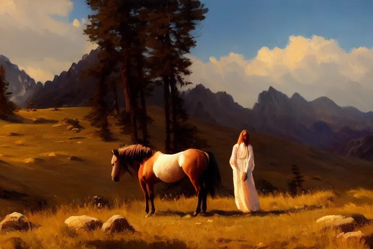 Prompt: scenic western mountain landscape with wild horses and a woman in a long white traditional dress, albert aublet, oil on canvas, beautifully lit, artstation