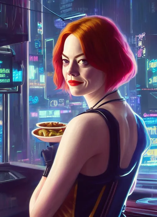 Image similar to portrait of Emma Stone as a waitress character in Cyberpunk 2077, looking at camera, intricate, elegant, sci-fi, extremely detailed, digital painting, artstation, concept art, smooth, sharp focus, illustration, ambient lighting, incredible art by artgerm and greg rutkowski and alphonse mucha and simon stalenhag