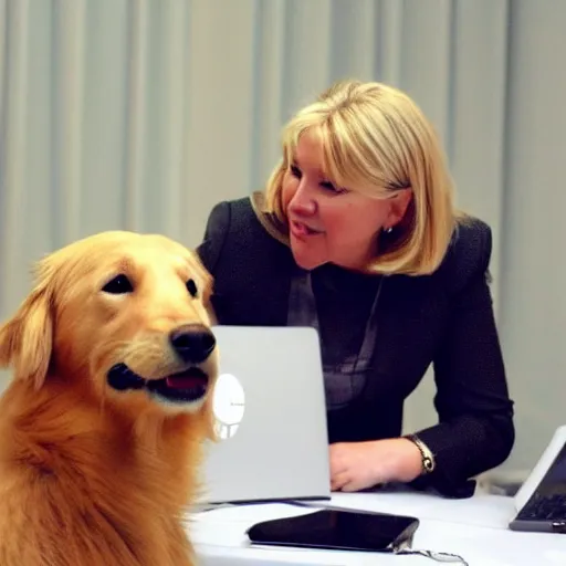 Prompt: A high-quality photo of a Golden Retriever teaching Nadine Dorries to use the internet