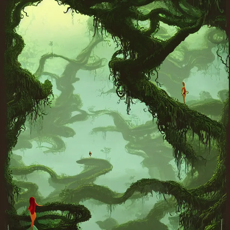 Image similar to concept art of a person in a body of water surrounded by trees, lush vines, a detailed matte painting by eyvind earle, featured on deviantart, fantasy art, matte painting, enchanting