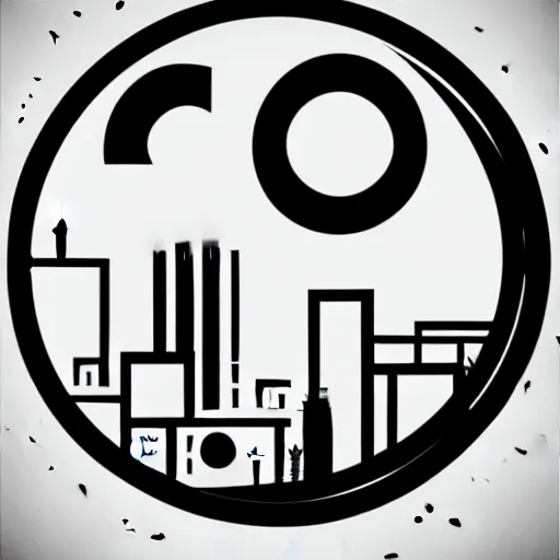 Image similar to a perfect circle, around the outer edge of the circle is the silhouette of a city skyline, inside the circle is empty, black and white, minimalist, in the style of a line drawing