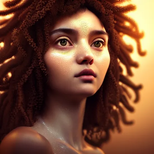 Prompt: A cute girl close-up portrait curly-haired persian girl, burning halo, intricate artwork by Tooth Wu and wlop and beeple, greg rutkowski, very coherent symmetrical artwork, cinematic, hyper realism, high detail, octane render, unreal engine, 8k, Vibrant colors, Smooth gradients, High contrast, depth of field