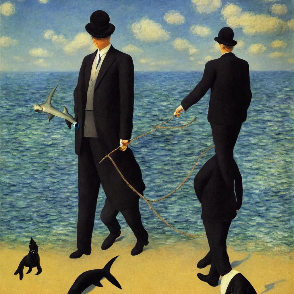 Prompt: achingly beautiful painting of a business man walking his pet shark, by rene magritte, monet, and turner