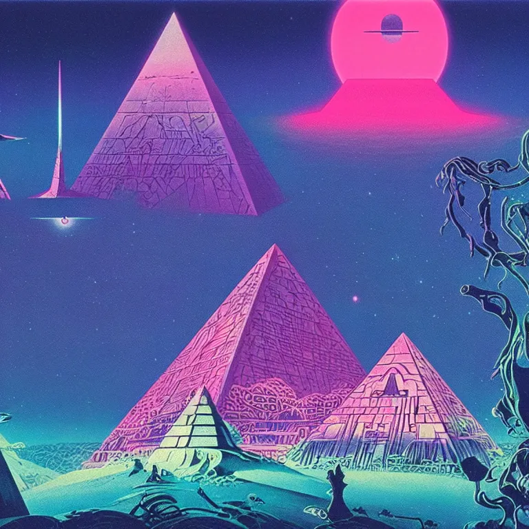 Prompt: mysterious ufo hovers over magical crystal pyramid, pink crescent moon, bright neon colors, highly detailed, cinematic, eyvind earle, tim white, philippe druillet, roger dean, ernst haeckel, lisa frank, aubrey beardsley