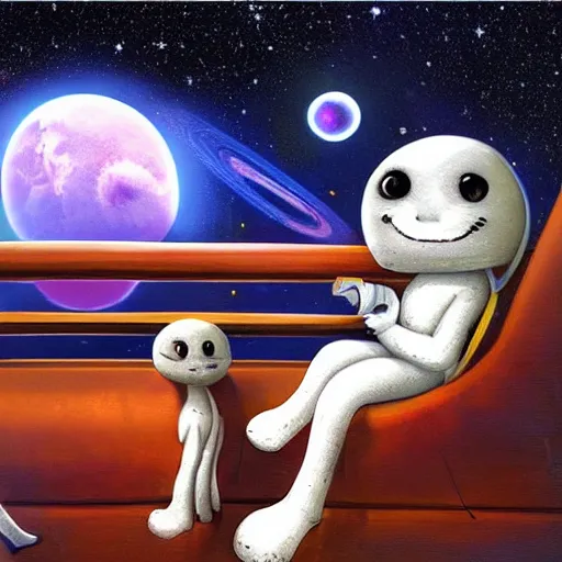 Prompt: cute fluffy aliens on space station balcony watching ringed planet rising over the horizon with dark galaxy nebula background 4 k luminescent detailed oil painting