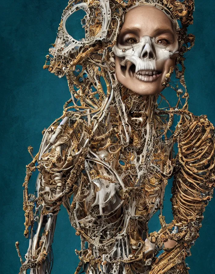 Prompt: Portrait of positing on rock woman in baroque dress with many biomechanical details, full lenght view. white plastic, skull, muscles, tumors, veins, biomech. !!!Vogue magazine!!! halo. octane rendering, cinematic, hyperrealism, octane rendering, 8k, depth of field, bokeh. iridescent accents. vibrant. teal gold and red color scheme