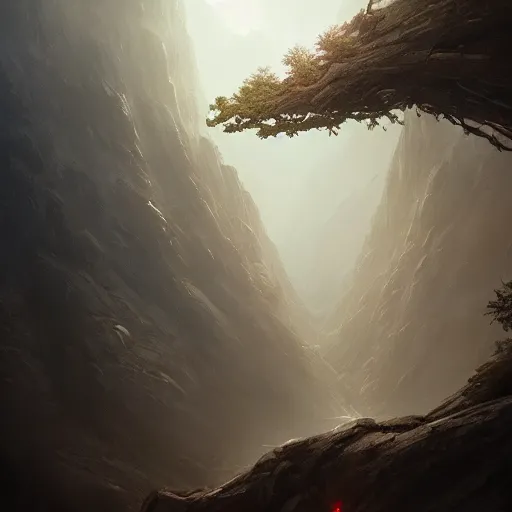 Image similar to Beautiful cinematic scene of a gigantic tree, Yggdrasil, on top of a mountain, epic, megalophobia, cinematic lighting, insanely detailed, painting by Greg Rutkowski, Artstation