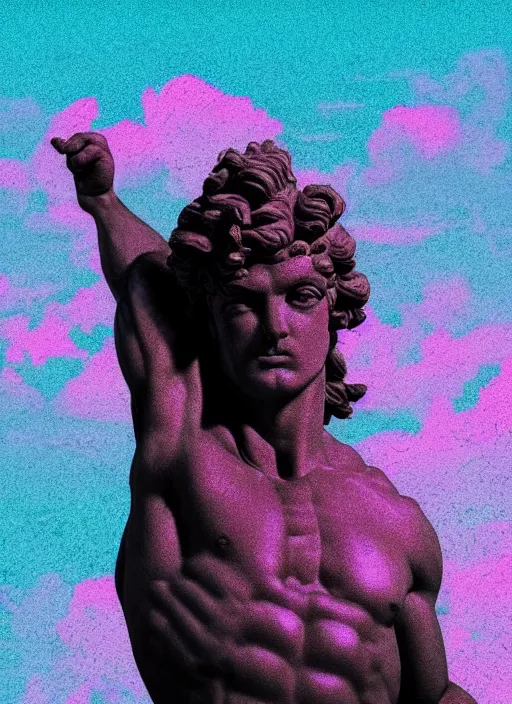 Prompt: statue of victorious hercules, beeple, vaporwave, retrowave, tonal separation, black background, glitch, pixel sorting, strong contrast, pinterest, trending on artstation