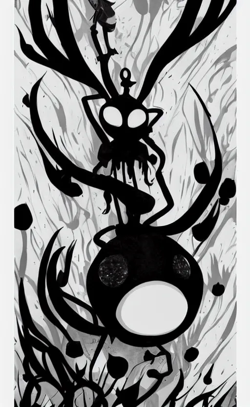 Prompt: Hollow Knight poster, very clean art, thick black clean lineart, Hollow Knight artstyle, beautiful mysterious feeling