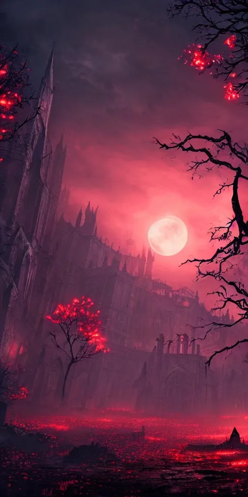 Image similar to abandoned bloodborne old valley with a obscure person at the centre and a ruined gothic city in the background, trees and stars in the background, falling red petals, epic red - orange moonlight, perfect lightning, wallpaper illustration by niko delort and kentaro miura, 4 k, ultra realistic