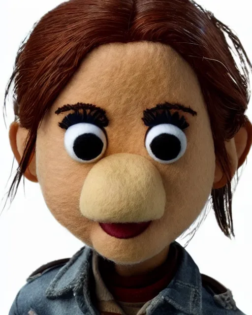 Image similar to ellie from the last of us as a muppet. highly detailed felt. hyper real photo. 4 k.