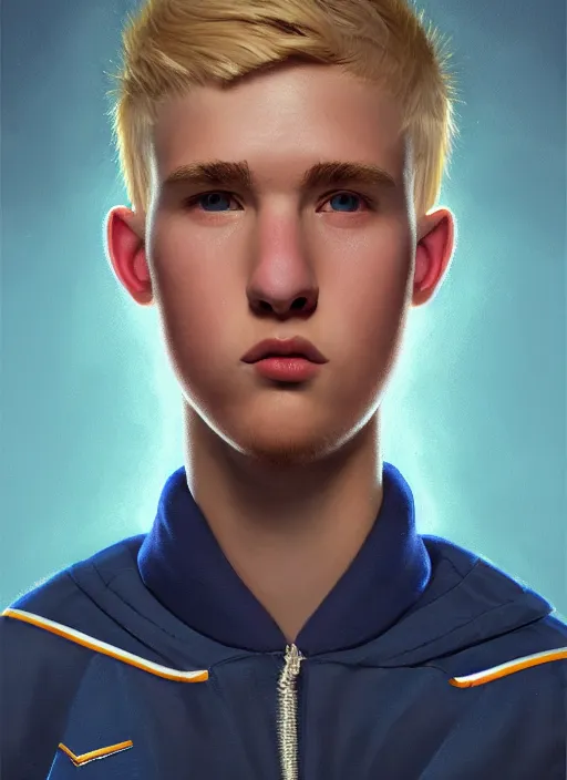 Image similar to portrait of high school senior boy named big moose, blonde short hair, jock, beefy, wide face, square jaw, square facial structure, blue varsity jacket with letter r, intricate, elegant, glowing lights, highly detailed, digital painting, artstation, concept art, sharp focus, illustration, art by wlop, mars ravelo and greg rutkowski