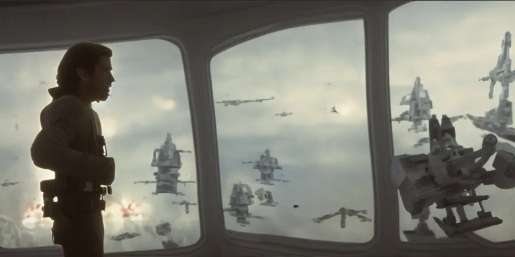 Prompt: a still from a film of a human naval officer standing, back turned, in front of a large window with a live action Star Wars space battle, 35mm, directed by George Lucas, miniatures, ILM