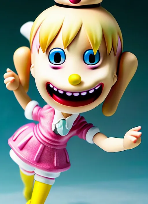 Image similar to a hyperrealistic lowbrow oil panting of a looney kawaii vocaloid figurine caricature with a big dumb goofy grin and pretty sparkling anime eyes featured on wallace and gromit by arthur szyk