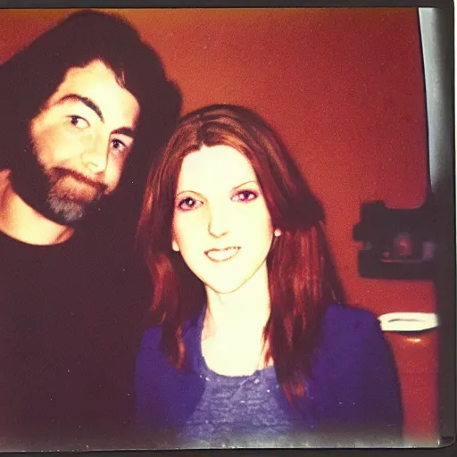 Prompt: found polaroid of my mom, who look exactly like Anna Kendrick, hanging out with Jerry Garcia