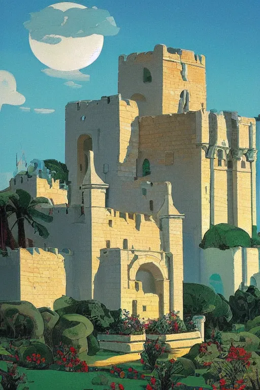 Prompt: view of the ancient tiled white tower in its gardens after a storm, tall windows, beautiful moorish ornament, dramatic cinematic lighting, rich colors, golden age illustration, by Sylvain Sarrailh and Nicholas Roerich and Ludwig Deutsch