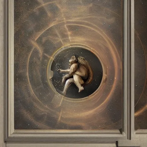 Prompt: photo - realism, space monkey and astronaut opening door that shows space and time created by davinci with extra detail, epic.
