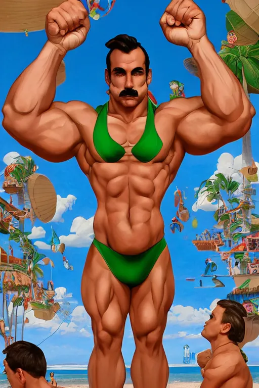 Image similar to luigi as bodybuilder gigachad at the beach by ilya kuvshinov, ernest khalimov body, super mario bros symmetrical face concept art, hyper realistic, intricate, elegent, highly detailed, digital painting, concept art, smooth, sharp, focus, illustration, art by artgerm and greg rutkowski and alphonse mucha, artstation