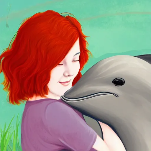 Image similar to a portrait of a red headed young woman hugging a dolphin in a scenic environment, by Kawacy