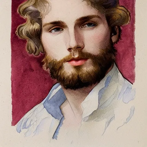 Image similar to watercolor drawing of a young cute handsome beautiful strawberry blond medium very curly thick hair and slight thin facial hair man in his early 2 0 s wearing a blank maroon t - shirt with grey - blue eyes, by elizabeth peyton and alphonse mucha